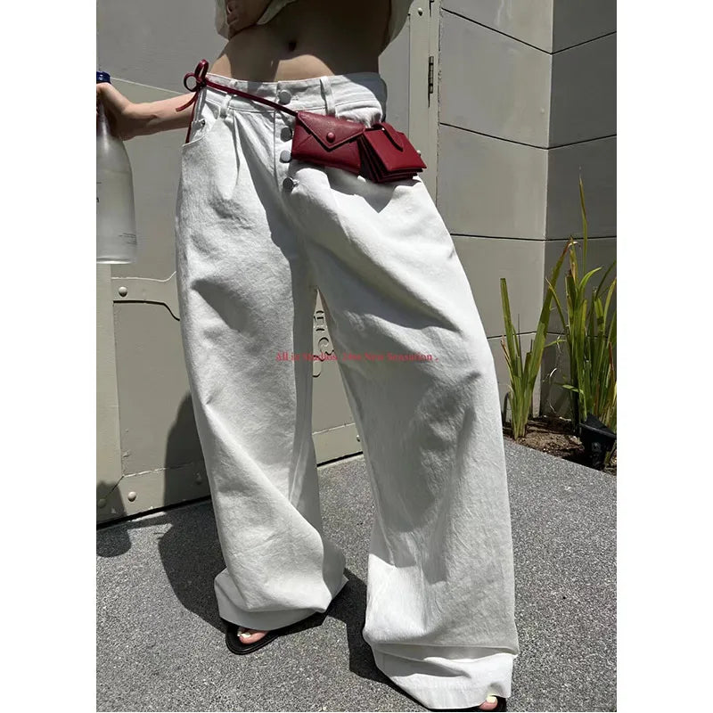 Aiertu 2024 Women Baggy Long Jeans Harajuku White Wide Leg Trousers Streetwear Vintage High Waist Denim Pants Big Pocket Y2k Aiertu