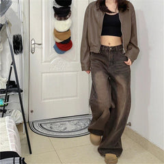 Aiertu Women's Vintage Brown High Waisted Jeans Street Style Girl Wide Leg Bottoms Loose Pants Female Fashion Denim Trousers Aiertu