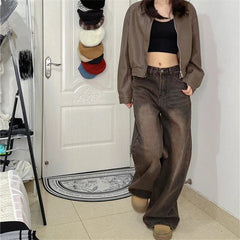 Aiertu Women's Vintage Brown High Waisted Jeans Street Style Girl Wide Leg Bottoms Loose Pants Female Fashion Denim Trousers Aiertu
