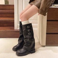 Winter New Women's Boots High Quality Fashionable Round Toe Solid Color Buckle Mid-heeled Sleeve Women's High Boots Aiertu