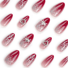 Aiertu Almond Red Press-on Nail Silver Spiderweb Pattern Heart Decor Artificial Nail for Women and Girl Party Activity aiertu