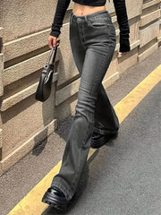 Aiertu Women Flare Stretch Moustache Jeans Fashion Skinny Bell Bottom High Waist Gray Denim Pants Lady Classic Y2K Punk Long Trousers Aiertu