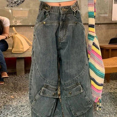 Aiertu Harajuku Vintage Cargo Jeans Women Oversize Y2K Grunge Black Baggy Denim Pants Hip Hop Streetwear Wide Leg Trousers Aiertu