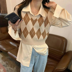 Aiertu Autumn Fashion Female Vintage Plaid Sweater Vests Women's Tank Tops Knitted Crop Top Women Sleeveless Knitted Vest Waistcoat Aiertu