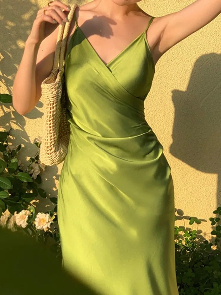 Aiertu Sexy Women Summer Spaghetti Strap Midi Dress New Fashion Evening Party Ladies Elegant Sundress Vintage Satin Casual Robe New Aiertu