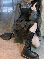 Aiertu Winter Black Sexy Strap Dress Women Patchwork Elegant Slim Casual Mini Dress Female Korean Fashion Bow Designer Party Dress Aiertu
