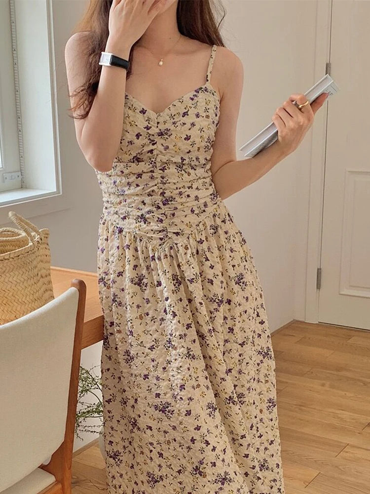 Aiertu Sweet Vintage Floral Strap Dress Women Sexy Elegant V-neck Long Fairy Dress Female 2024 Summer Korean One Piece Dress Party Chic Aiertu