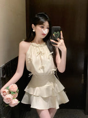 Aiertu Fashion Temperament Bow Diamond Hanging Neck Top Satin Cake Skirt Two-piece Set Women Shirring Off Shoulder Solid Sweet Wear New Aiertu