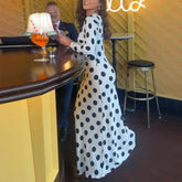 AIERTU - Flare Sleeve Dot Printed Round Collar Ladies Maxi Dress Spring Fall Holiday Elegant Party Slim Club Mujer Gowns Aiertu