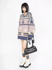 Aiertu Y2K Star Sweater Women Harajuku Striped Knitted Pullovers Jumpers Female Tops Oversize Purple Green Streetwear Hip Hop Aiertu