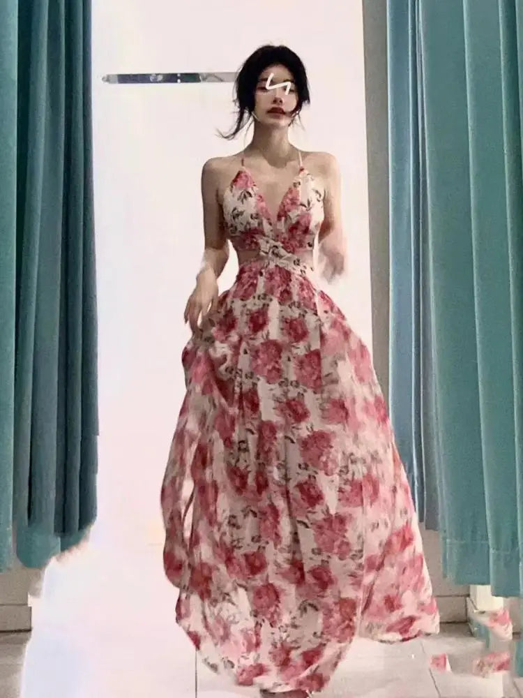 Aiertu Halter V Neck Hollow Out Rose Print Long Dress Women Fashion Sleeveless Backless High Split Elegant Ruched Dress Holiday Summer Aiertu