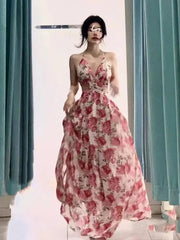 Aiertu Halter V Neck Hollow Out Rose Print Long Dress Women Fashion Sleeveless Backless High Split Elegant Ruched Dress Holiday Summer Aiertu