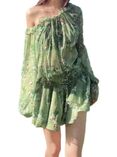 AIERTU - French Chic One Shoulder Green Floral Dress Women Ruffle Trim Mini Dress Vacation Style New Summer Popular Beach Holiday Aiertu