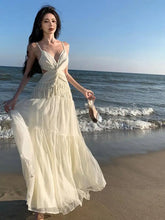 Aiertu Summer Beige Sexy Club Backless Women Elegant Pleated Slip Dress V-neck Slim Lace Up Sleeveless Evening Party Fairy Long Dresses Aiertu