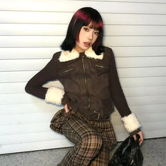 Aiertu Japanese Y2k Fur Coat Women American Retro Brown Knitted Jacket Vintage Korean Style Zipper Coat Winter 2000s Aesthetics Aiertu