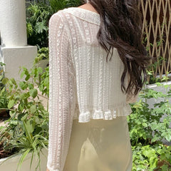Aiertu Women Summer Sun Protection Coat Lace Bow Ruffle Cardigan Shirt Female Blouse Tops for Woman Covers Blusa White Y2K Korean Shirt Aiertu