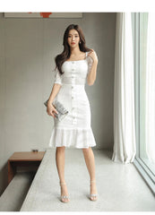 Aiertu Summer New 2-piece Square Collar Double-breasted Top +Fashion Cutout Lace Fishtail Skirt Casual Women Suit Skirt Aiertu