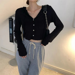 Aiertu Elegant Knitted Hooded Cardigan Women Grey Korean Fashion Sweet Crop Tops Solid Long Sleeve Casual Slim Up Streetwear Aiertu