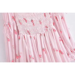 Aiertu Sweet Pink Floral Print Satin Sexy Off Shoulder Dress Women Long Sleeve Holiday Party Mini Dresses Princess Fairy Robe Aiertu