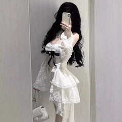 Aiertu DRESS TO IMPRESS Y2K Lace Bodycon Mini Dresses for Women Slash Neck Flare Sleeve A-line Birthday Party Short Train Dress Korean Fashion Vestidos Aiertu
