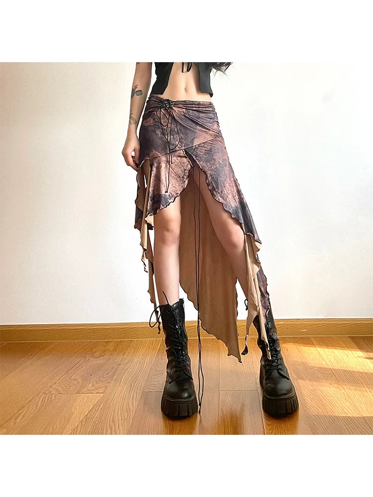 Aiertu Women's Irregular Skirt Harajuku Y2k Vintage Long Brown Skirts 90s Aesthetic Korean A-Line Skirt Emo 2000s Trashy Clothes 2024 Aiertu