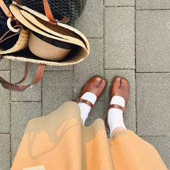 Aiertu Back to school Flats Split Toe Shoes Black Leather Loafer Brown Size 40 Fashion Buckle Mary Janes Flat Ninja Shoe Women Aiertu