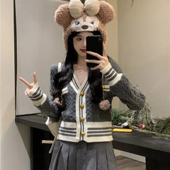 Aiertu Kawaii Korean Style Cardigan Women Elegant Sweet Knitted Sweater Cute Patchwork Casual Autumn Winter Cardigan Sweaters Aiertu