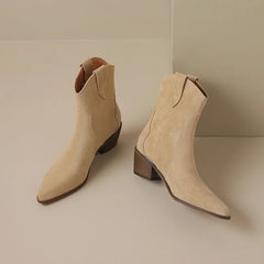 Aiertu Winter Classic Chelsea Boots for Woman Cow Suede Pointy Toe Wedge Heel Ankle Boots Simple Comfortable Cowboy Boots Female Aiertu