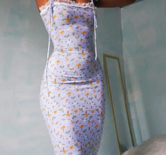 Aiertu Women Floral Print Tied Detail Lace Trim Dress Bodycon Dress for Women Dress Aiertu