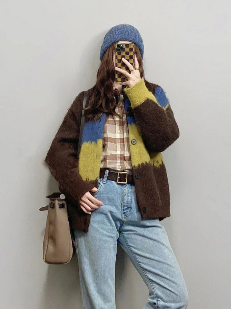 Harajuku Vintage Cardigan Women Patchwork Korean Knitted Sweater Tops Lazy Wind Loose Casual Long Sleeve Cardigan Coat New Aiertu