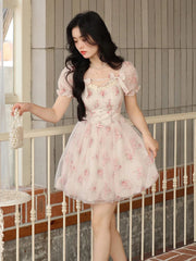 Aiertu Floral Sweet Fairy Bodycon Dresses for Women Elegant Party Print French Female Korean Fashion Cute Mini Dress Summer Pink Aiertu