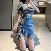 AIERTU - Denim Dresses for Woman Solid Ruffles Hollow Out Spring Summer Sexy Mini Dress Korean Fashion Retro Vestidos Mujer Aiertu