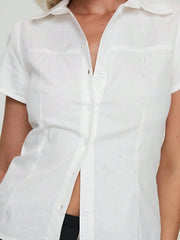 AIERTU - Women's Elegant Commuter Stretch Botton Up Shirt Solid V-Neck Tops Suitable For Daily Outings Casual Business Office Lady Aiertu