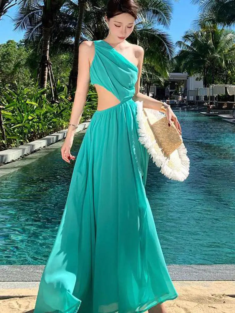 Aiertu Summer Blue Elegant Holiday Sexy Club Hollow Out Pleated Long Dress Women Diagonal Shoulder High Split Evening Party Dress 2024 Aiertu