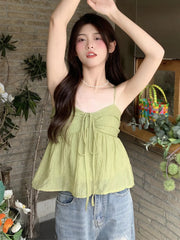 Aiertu Women Linen Sweet Babydoll Ruffle Crop Sleeveless Top Thin Strap Front Bow Ties Flowy Camis Female Korean Tank Top Aiertu