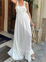 AIERTU - Women White Long Dress Lace Trim Tie-up V Neck Sleeveless Ruffle Loose Tank Dress for Evening Party Club Bohemian Summer Aiertu