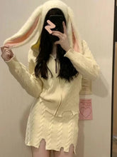 Knitted Japanese Kawaii Two Piece Set Women Warm Sweet Hooded Elegant Skirt Suit Female Korean Fashion Long Sleeve Cute Set Aiertu