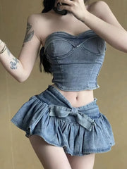 Aiertu Denim Blue Sets Women Strapless Washed Slim Tanks Bow Designed Chic Mini Skirts Sexy Clubwear Summer Outfits Aesthetic Ruffles Aiertu