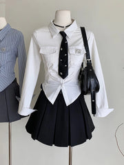Aiertu Women JK Preppy Y2k Gyaru Kpop 2000s Outfits 2 Piece Set Long Sleeve Shirts With Tie Crop Tops + Mini Pleated Skirts With Belt Aiertu