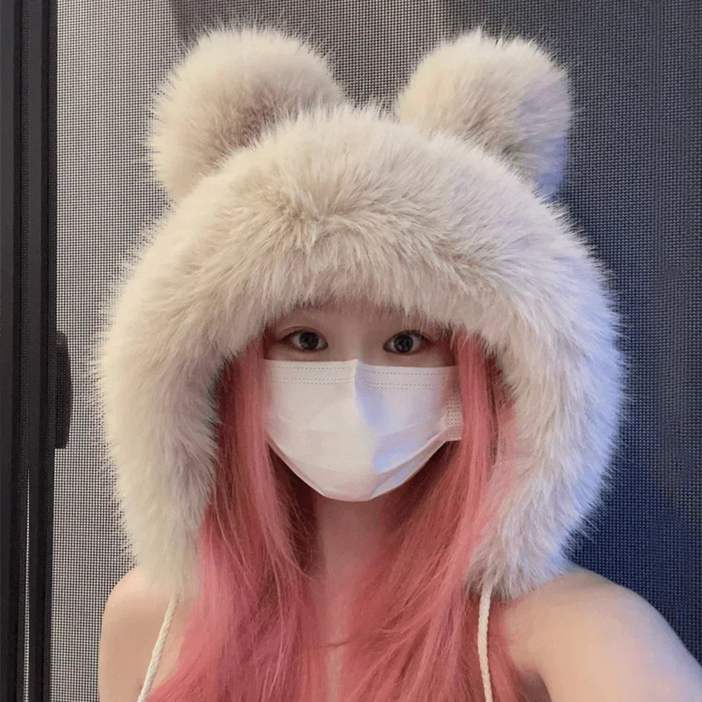 Aiertu Women Winter Warm Kawaii Fox Fur Imitation Mink Plush Hat Thickened Cute Bear Ear Japanese Bomber Hat Ear Protection Cosplay Cap aiertu