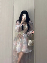 Aiertu Sweet Elegant Floral Midi Dress Women Casual Korean Puff Sleeve Fairy Dress Female Beach Vintage Party Dresses 2024 Summer Chic Aiertu
