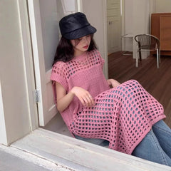 AIERTU - Spring New French Solid Hollow Out Knit Dress Women Mid Long Loose Sleeveless Vest Outerwear Layered Casual Midi Dress Aiertu