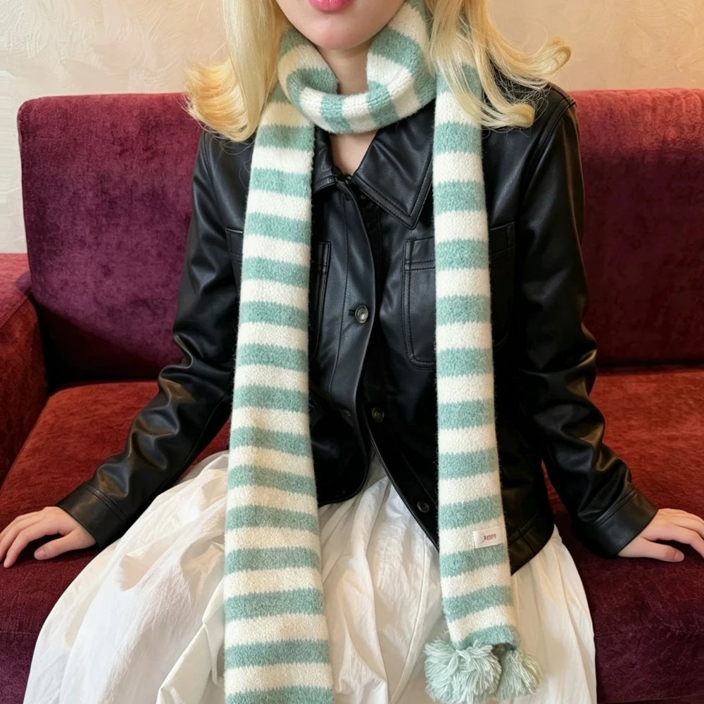 AIERTU - Cute Pom Pom Striped Ins Knit Girls Scarf Y2K Subculture Long Korean Warm Scarf Daily Outdoor Winter New Neck Warmer Aiertu
