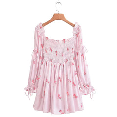 Aiertu Sweet Pink Floral Print Satin Sexy Off Shoulder Dress Women Long Sleeve Holiday Party Mini Dresses Princess Fairy Robe Aiertu