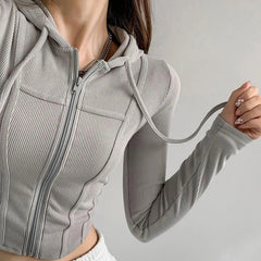 Aiertu Thin Hooded Cardigan Women Korean Vintage Slim Summer Solid Sports Jacket Vertical Pit Stripe Zipper Female Sexy Cropped Tops Aiertu