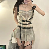 Aiertu Y2k Two Piece Set Outfit Aesthetic Fairy Grunge Mesh Irregular Short Skirt And Crop Top 2023 Summer Chic Women Matching Sets Aiertu