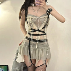 Aiertu Y2k Two Piece Set Outfit Aesthetic Fairy Grunge Mesh Irregular Short Skirt And Crop Top 2023 Summer Chic Women Matching Sets Aiertu