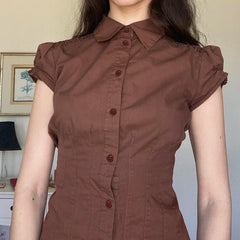 Fairycore Pleated Hem Shirt Brown Slim-fitting Turn-down Collar Blouses Button-up Short Sleeve Tops Streetwear Chic Y2K Aiertu