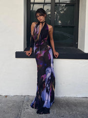 Backless Maxi Dress Women Sexy Purple Print Halter Bodycon Dress Summer Beach Outfits Elegant Sleeveless Club Party Dress Aiertu