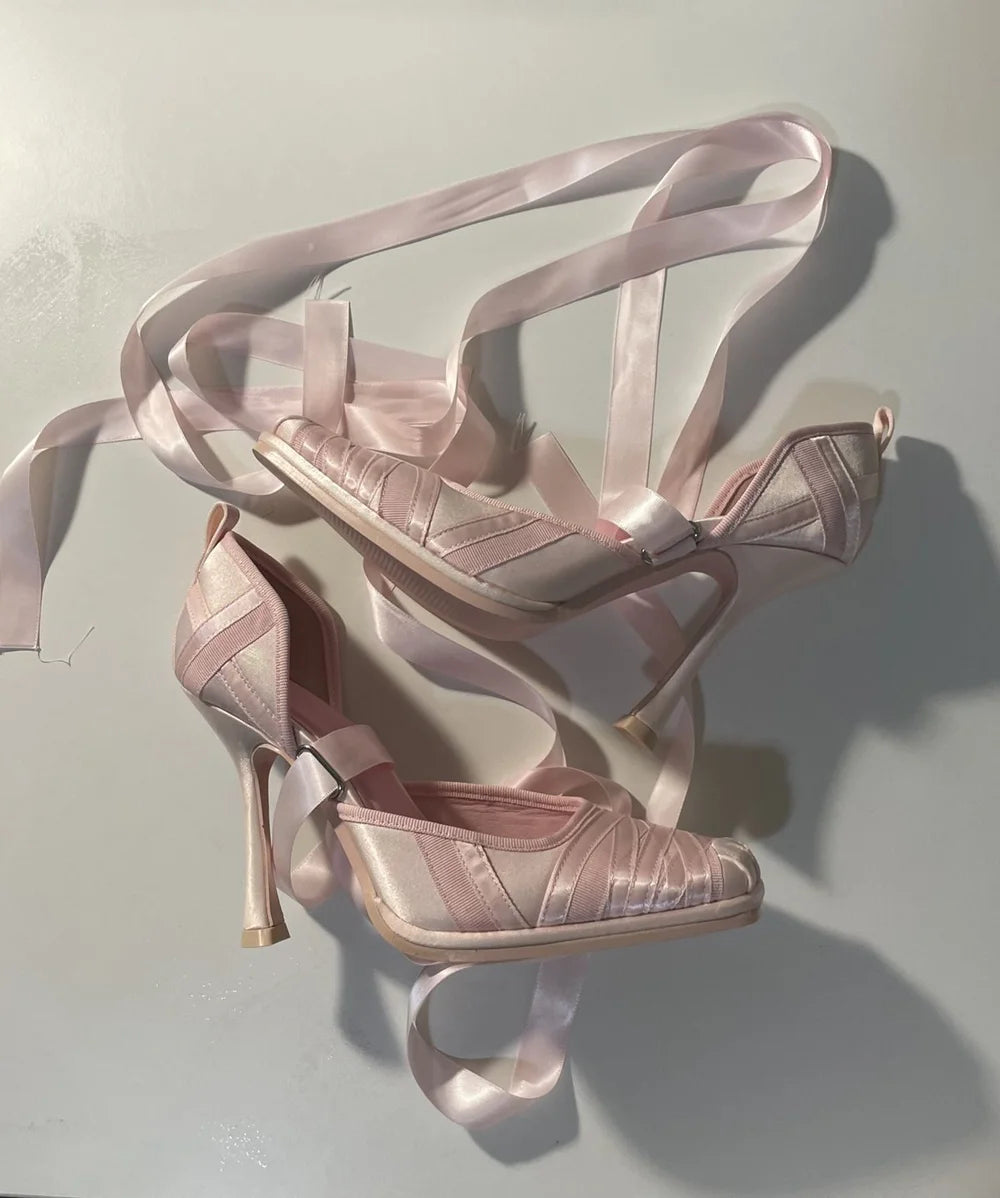 AIERTU - Romantic Ballerina Style Design Blush Satin Stiletto Heel Ballet Heels Long Ribbon Tie Wrapped Strap Design Elegant High Heels Aiertu